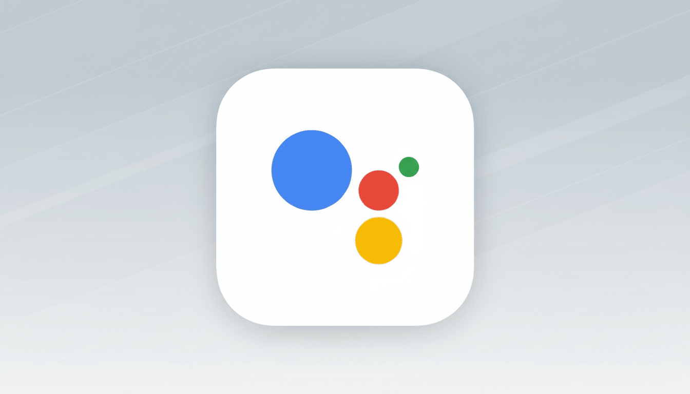 The Google Assistant app icon, featuring four colored dots (blue, red, yellow, green) on a white rounded square, set against a professional flat design background with soft gray patterns and gradients.