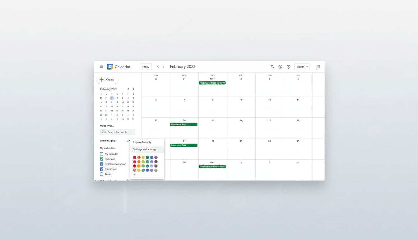 A professional, enhanced image of a Google Calendar interface, resized to a 16:9 aspect ratio. The calendar displays February 2022 with events like First Day of Black History!, Valentines Day, and Presidents Day. The background has been subtly changed to a professional flat design with soft gradients, while the calendar interface remains the central focus.
