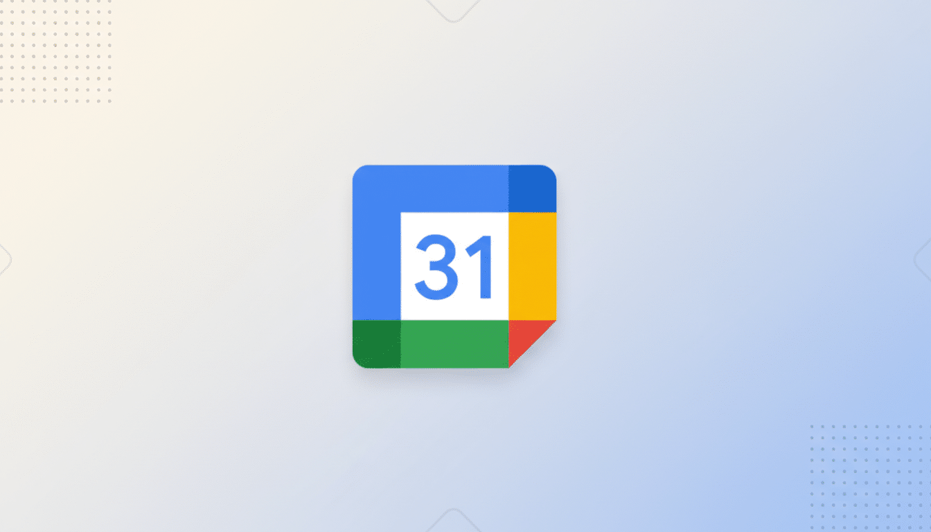 The Google Calendar app icon, featuring a blue, yellow, green, and red square with the number 31 in blue on a white background, centered on a professional light blue and white gradient background with subtle geometric patterns.