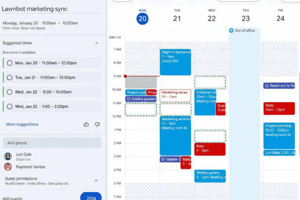 A screenshot of a Google Calendar interface showing a Lawnbot marketing sync event being scheduled. The calendar displays events for Monday, January 20th to Friday, January 24th, with various meetings and busy slots. On the left, suggested times for the sync are shown, along with options to add guests and manage permissions.