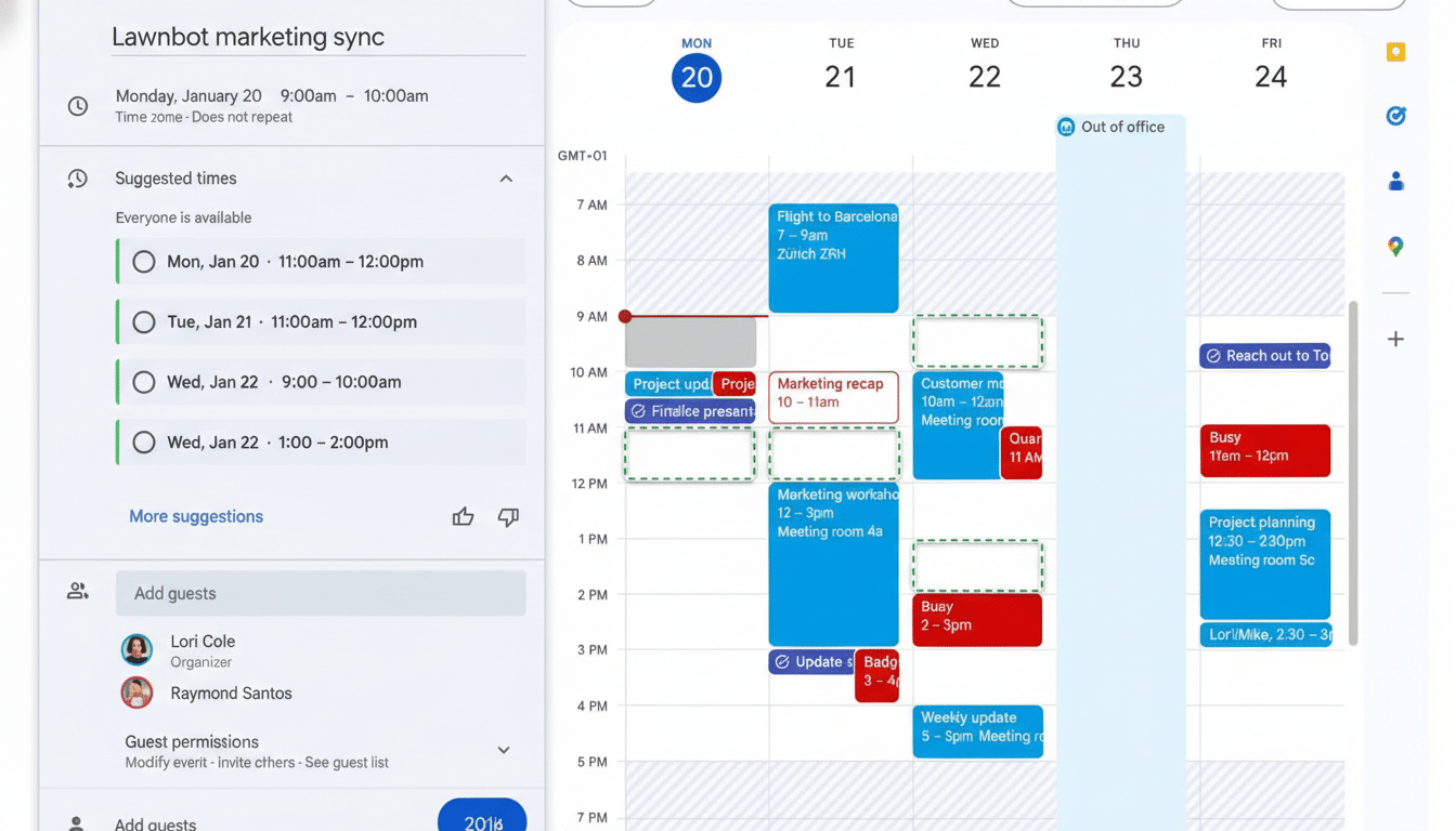 A screenshot of a Google Calendar interface showing a Lawnbot marketing sync event being scheduled. The calendar displays events for Monday, January 20th to Friday, January 24th, with various meetings and busy slots. On the left, suggested times for the sync are shown, along with options to add guests and manage permissions.