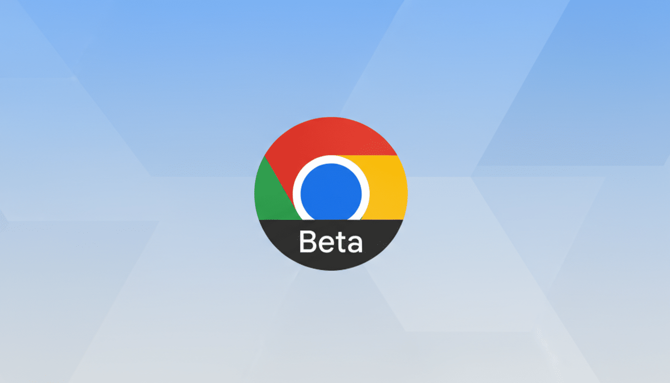 The Google Chrome Beta logo, featuring the classic red, yellow, and green circle with a blue center, and a dark grey segment at the bottom with Beta in white text, set against a professional light blue background with subtle geometric patterns.