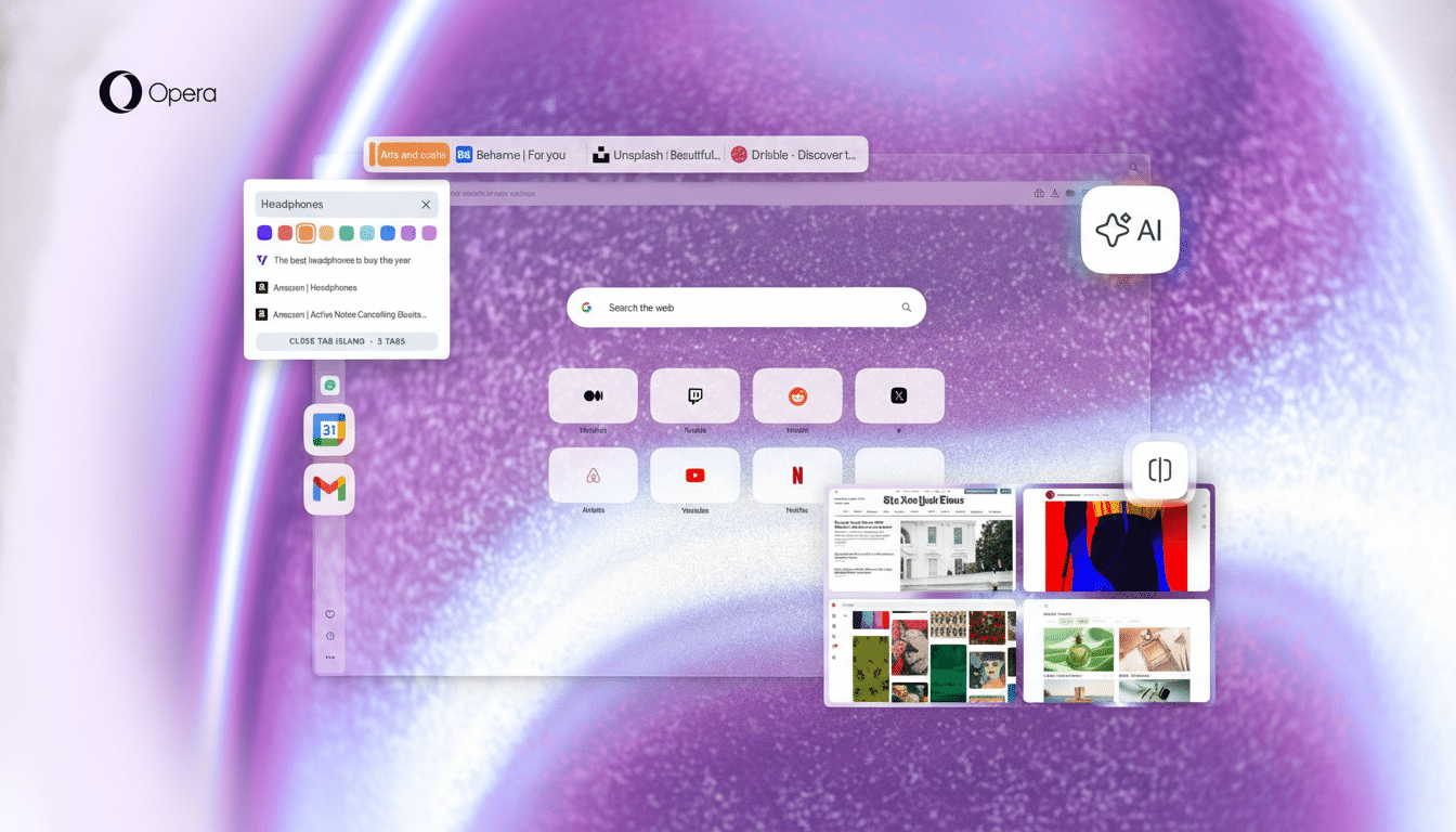 A resized and enhanced image of the Opera browser interface, featuring a search bar, speed dial icons, and a tab island for Headphones. The background is a soft purple gradient.