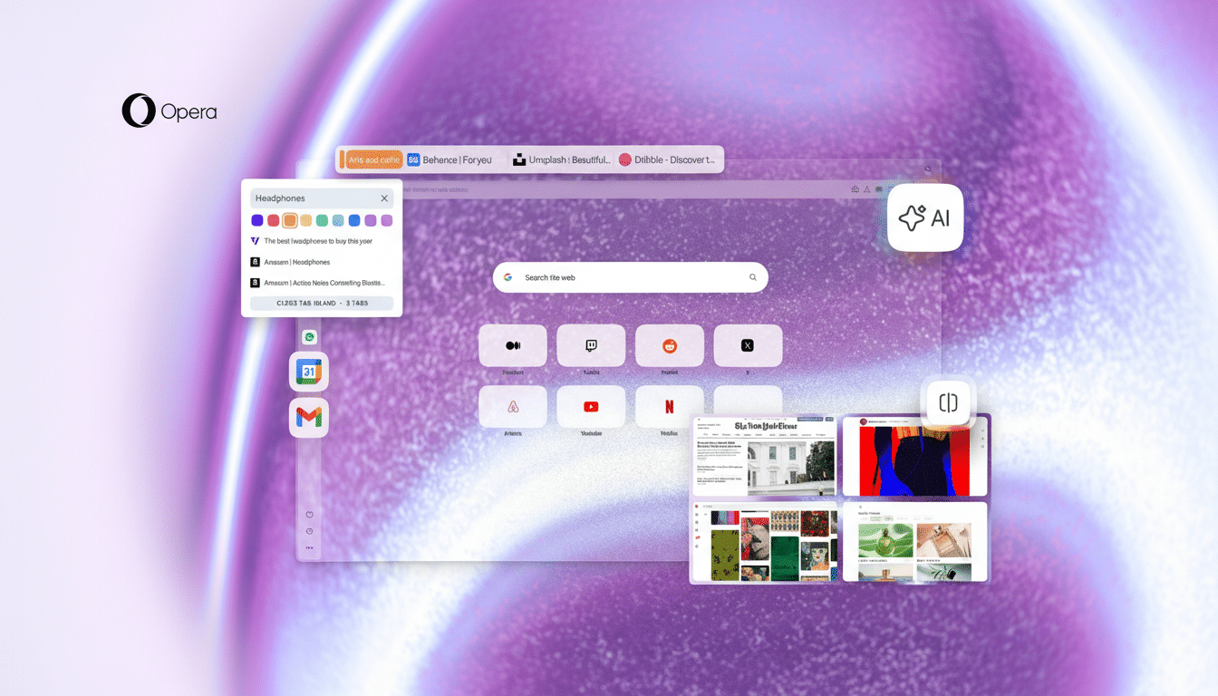 A screenshot of the Opera browser interface with a search bar, speed dial icons, and several open tabs, set against a blurred purple and white background.