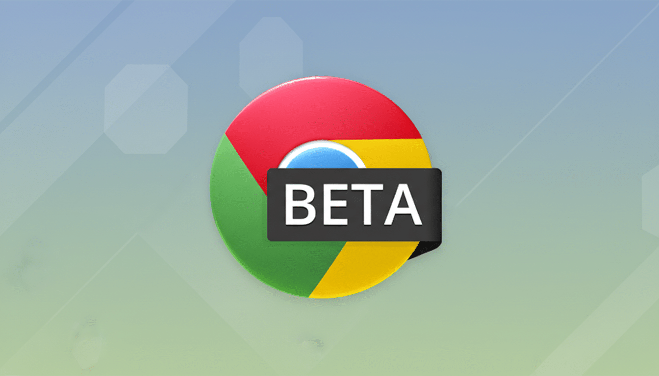 The Chrome Beta logo, featuring the classic red, green, and yellow circular design with a blue center, overlaid with a black banner displaying BETA in white capital letters. The background is a professional flat design with soft blue and green gradients and subtle geometric patterns.