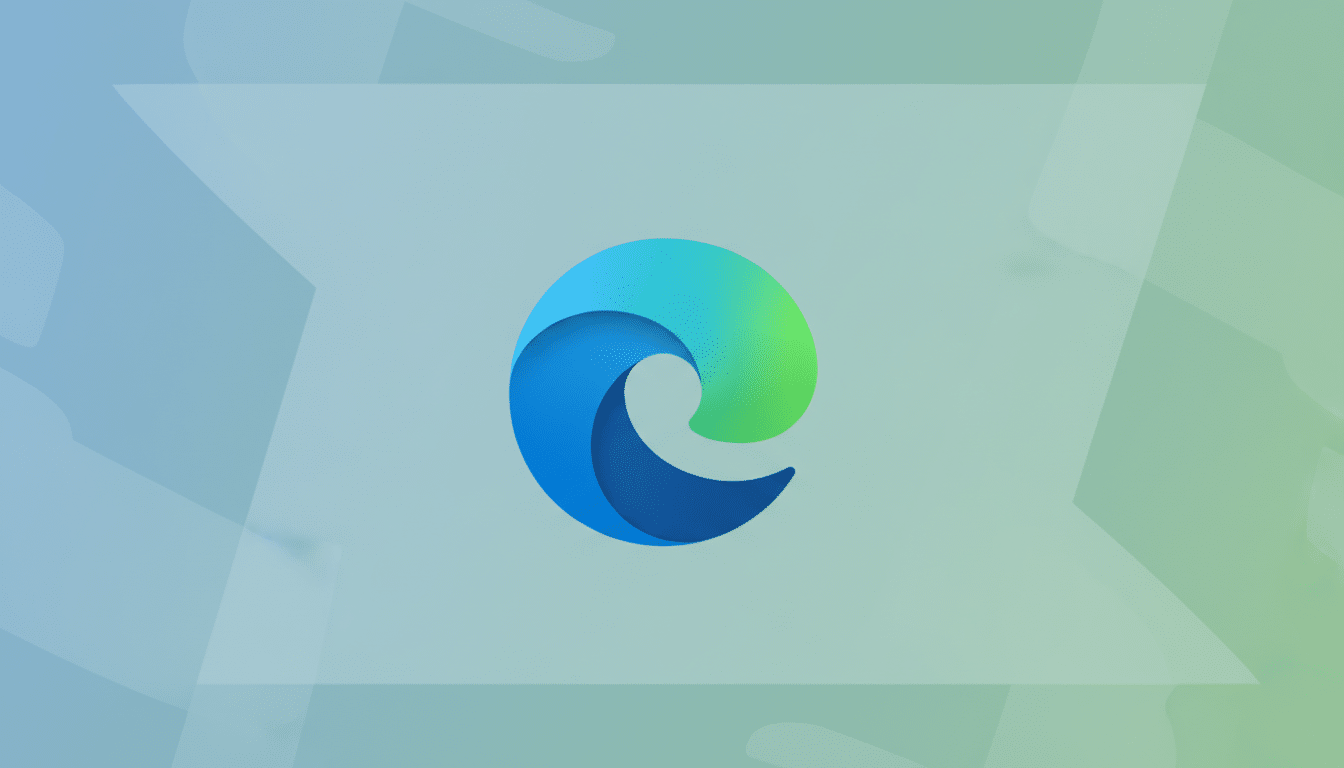 The Microsoft Edge logo, a stylized wave in shades of blue and green, centered on a professional flat design background with soft patterns and gradients.