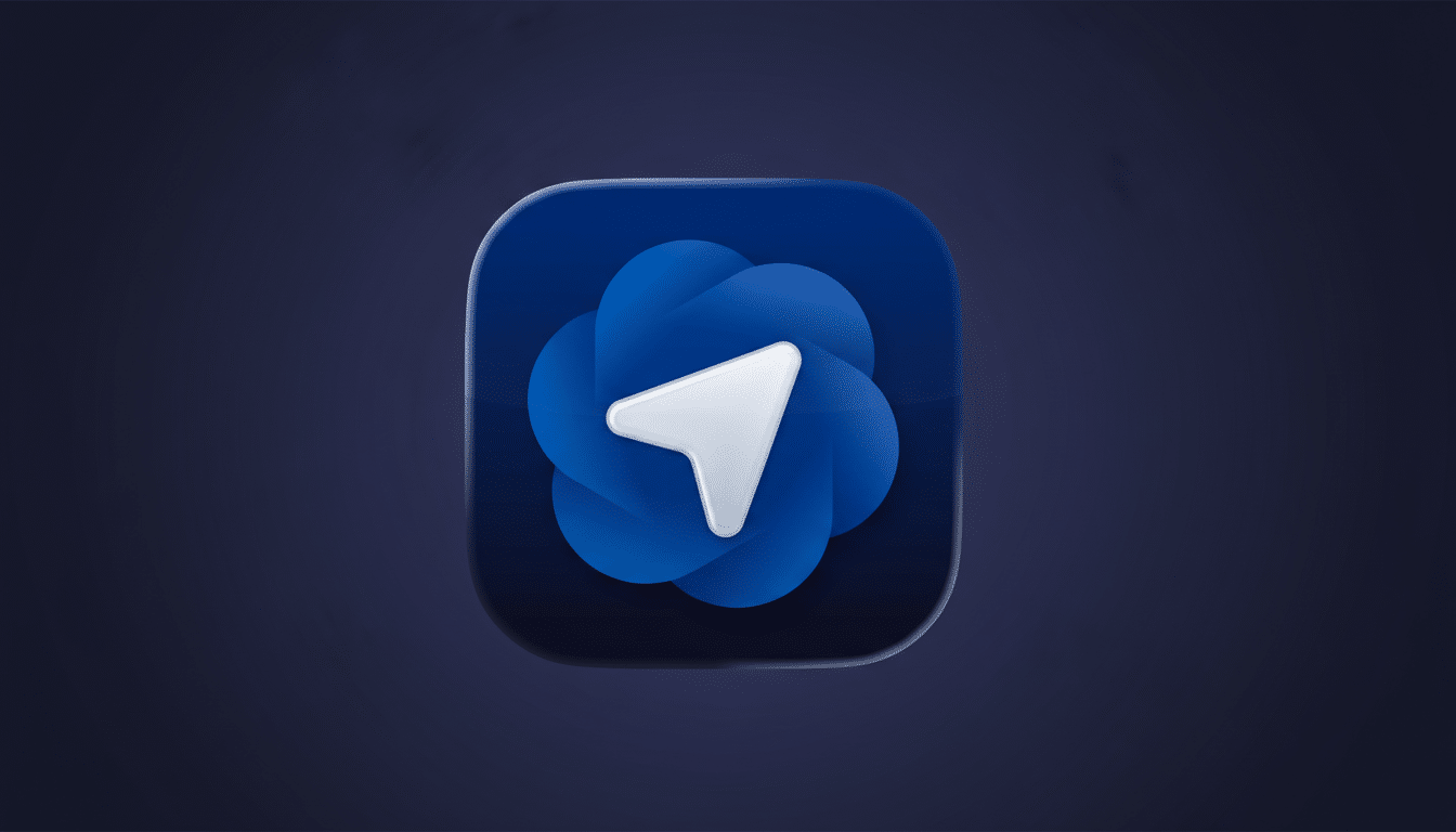 A dark blue app icon with a lighter blue, abstract, cloud-like shape in the center, overlaid with a white, three-dimensional paper airplane or arrow pointing to the upper right. The icon has rounded corners and a subtle gradient effect, set against a professional dark blue background with a soft gradient.