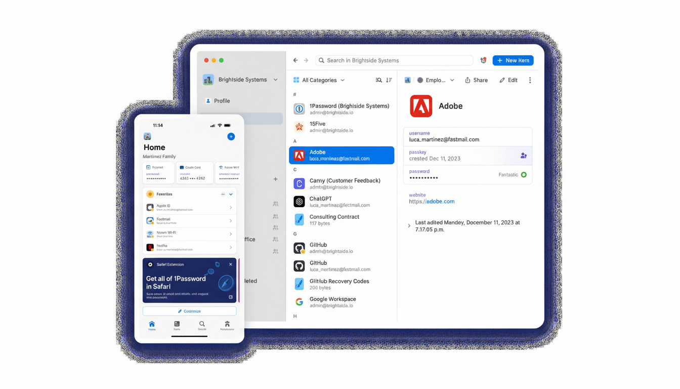 A desktop application and a mobile application displaying password management software.