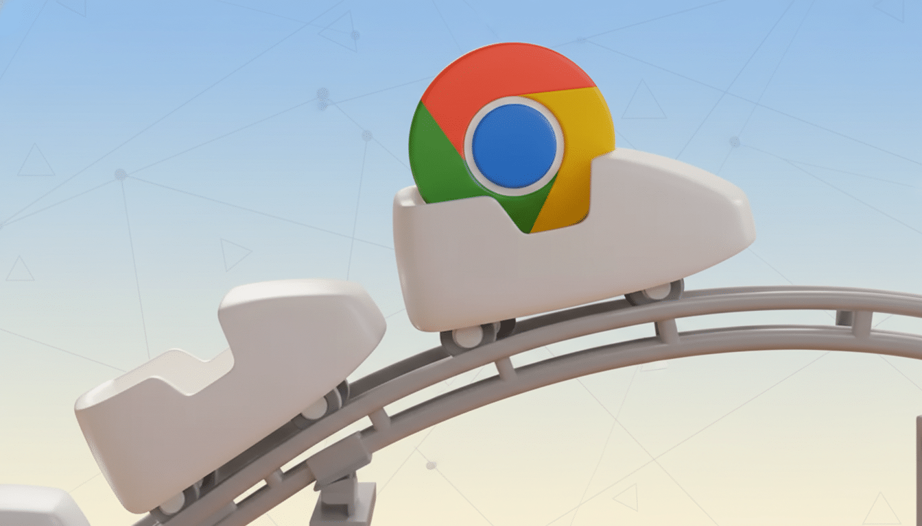 The Google Chrome logo in a white toy roller coaster car on a track, set against a professional flat design background with soft patterns and gradients.