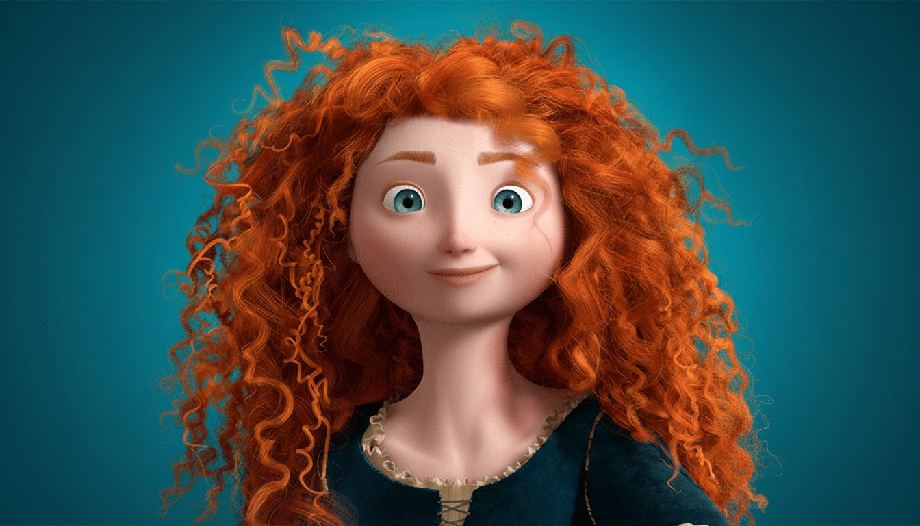 A professionally enhanced image of Merida from Disneys Brave, featuring her signature curly red hair and blue eyes, resized to a 16:9 aspect ratio with the original teal background maintained.