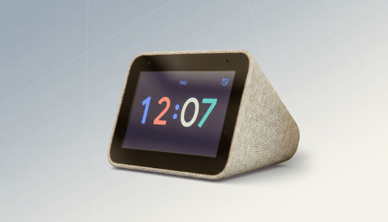 A smart alarm clock displaying the time 12:07 on a professional flat design background with soft patterns and gradients.