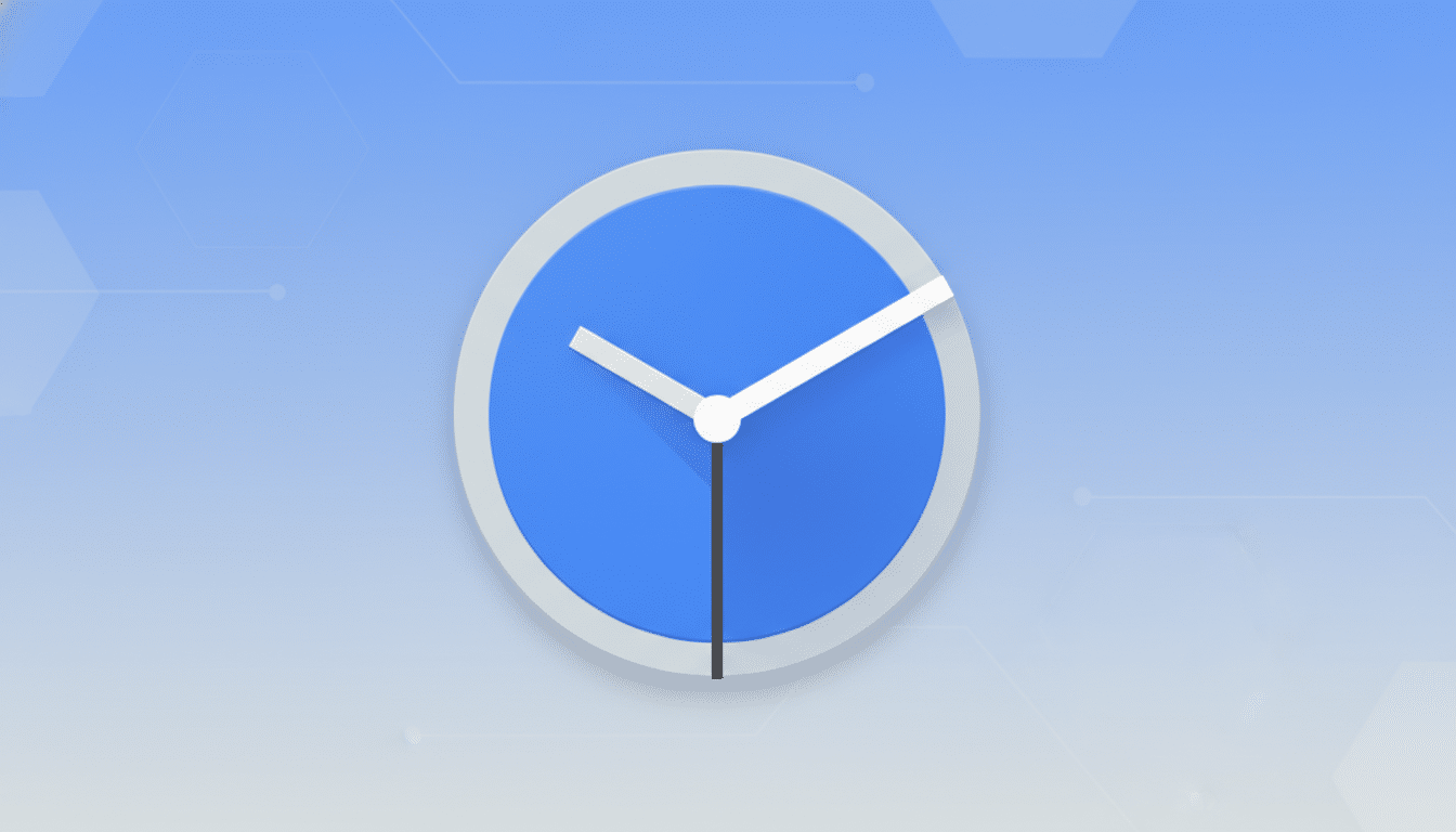 A blue and white clock icon with a gray border, set against a professional light blue gradient background with subtle geometric patterns.