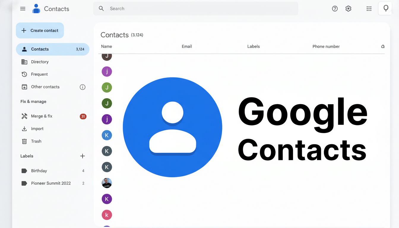 A screenshot of the Google Contacts interface, showing a list of contacts and the Google Contacts logo.