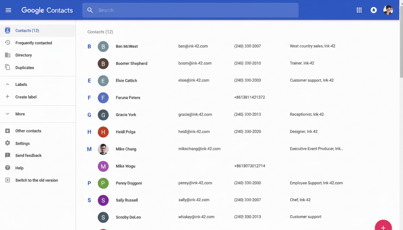 A screenshot of the Google Contacts interface, displaying a list of contacts with names, email addresses, phone numbers, and job titles.