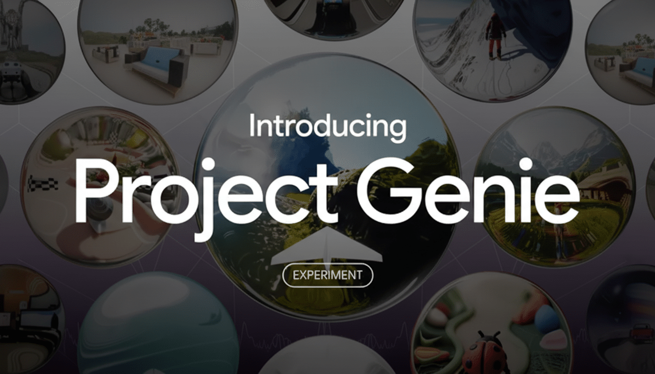 A resized image of Introducing Project Genie with various circular images surrounding the central text, set against a dark background with a subtle purple gradient.