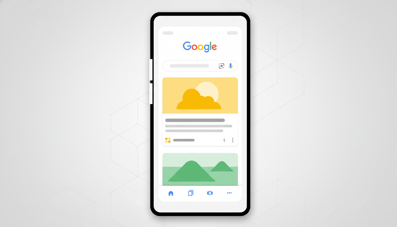 A smartphone displaying the Google app interface with a search bar, weather card, and image card, set against a professional flat design background with soft geometric patterns.