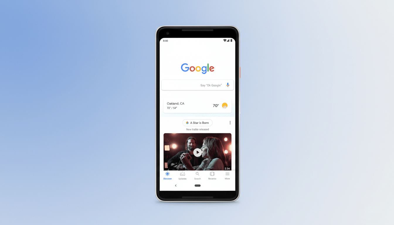 A Google Pixel phone displaying the Google search page with a weather widget and a movie trailer for A Star is Born, set against a professional light blue gradient background.