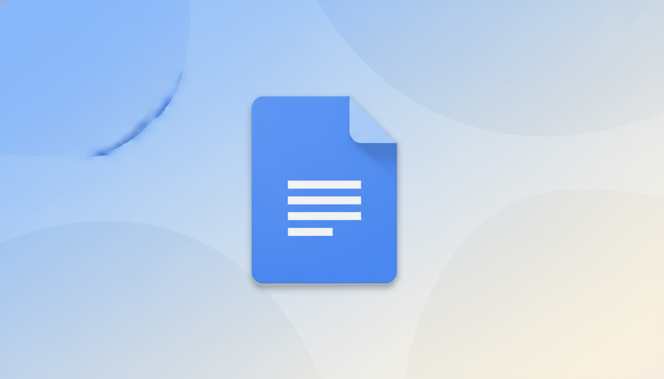A blue Google Docs icon centered on a professional background with soft blue and white gradients and subtle abstract shapes.