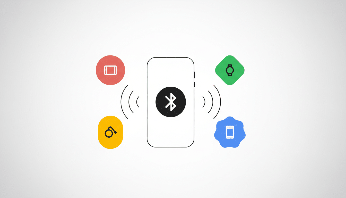 A smartphone with a Bluetooth symbol in the center, surrounded by four colored circles with icons representing different devices: a tablet, a smartwatch, headphones, and another phone.