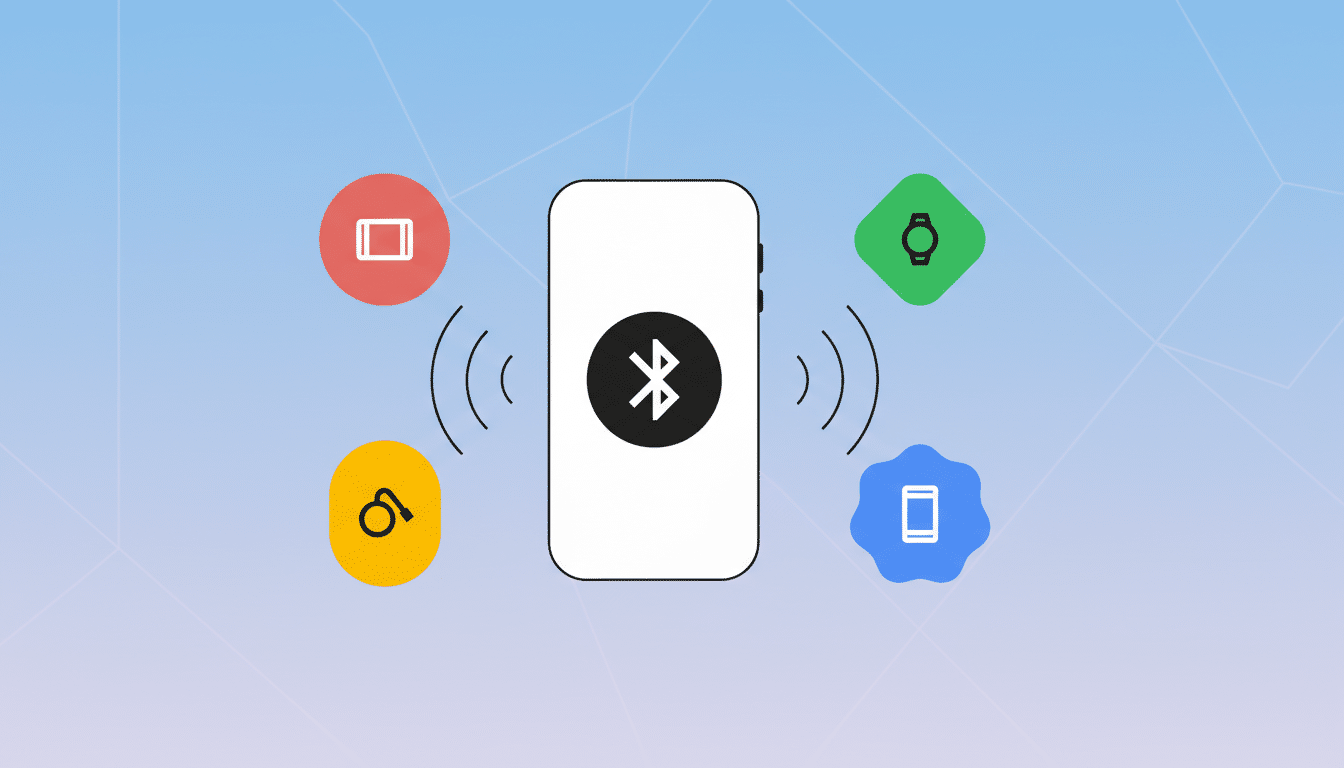 A smartphone with a Bluetooth symbol in the center, surrounded by four colored circles representing different devices (a tablet, a smartwatch, earbuds, and another phone), all connected wirelessly.