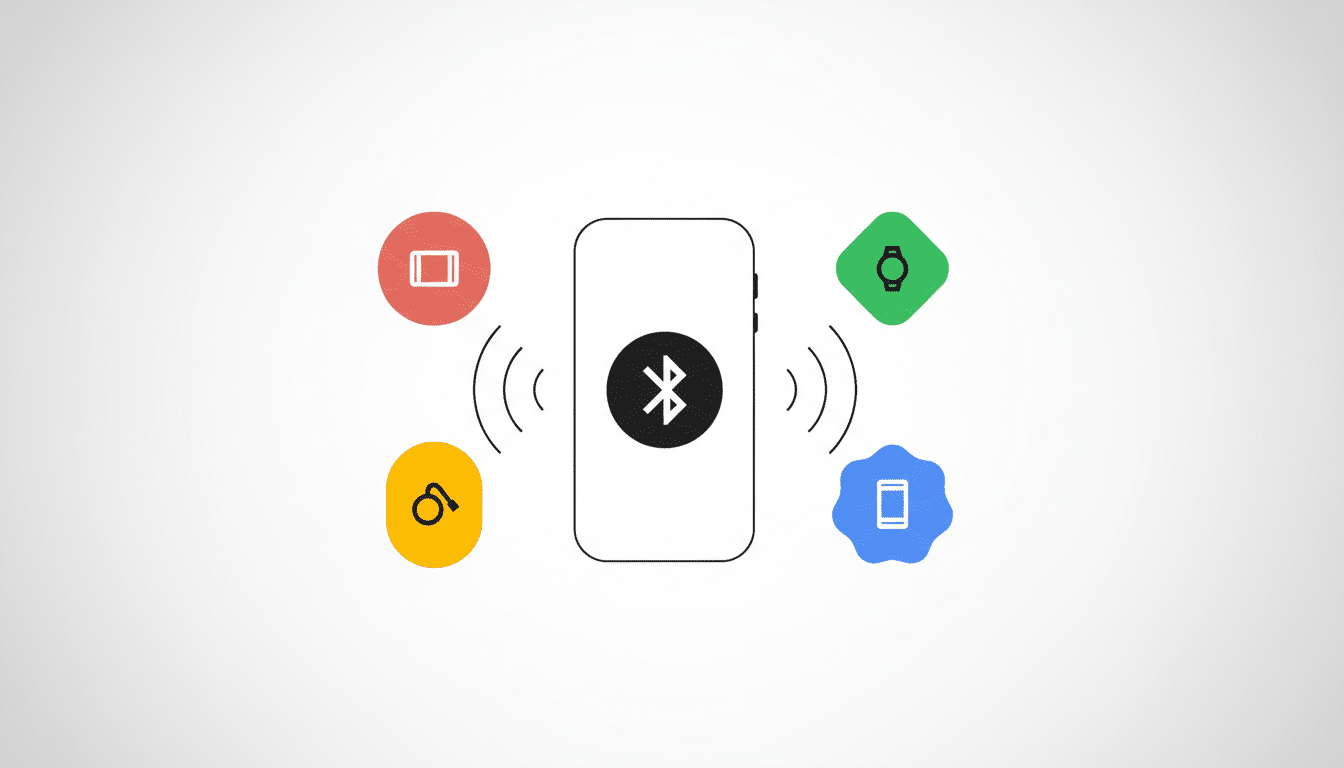 A smartphone with a Bluetooth symbol in the center, surrounded by four colored icons representing different devices: a red rectangle, a green smartwatch, a yellow earbud, and a blue smartphone.