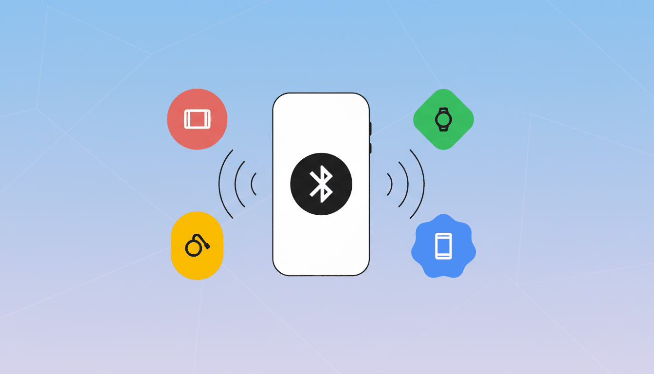 A smartphone with a Bluetooth symbol in the center, surrounded by four colored circles representing different devices: a red rectangle, a green smartwatch, a yellow earbud, and a blue smartphone icon. Wavy lines emanate from the central phone, indicating connectivity. The background is a professional flat design with soft blue and purple gradients and subtle geometric patterns.