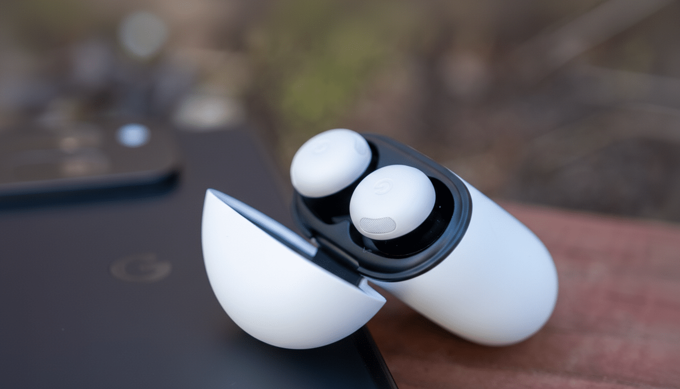 A pair of white Google Pixel Buds A-Series in their open charging case, resting on a dark surface with a blurred background.