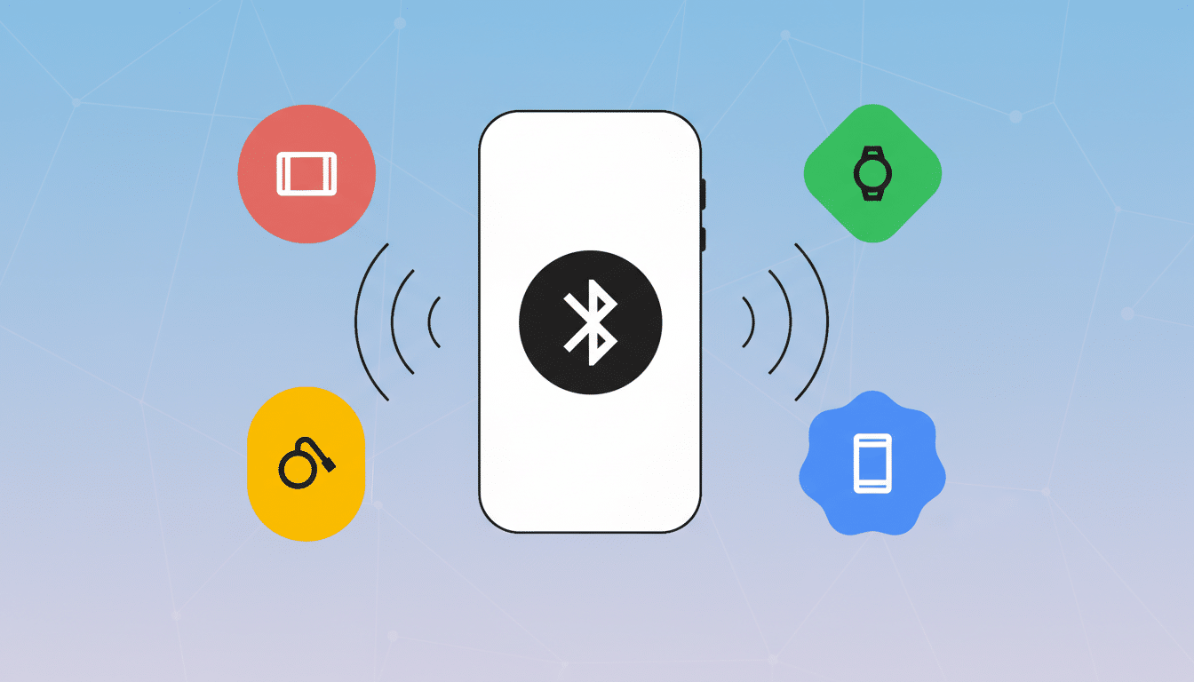 A smartphone with a Bluetooth symbol in the center, surrounded by four colored circles representing different devices: a red rectangle for a tablet, a green square for a smartwatch, a yellow oval for headphones, and a blue blob for another phone. Wavy lines indicate wireless connection between the central phone and the surrounding devices. The background is a light blue with a subtle geometric pattern.