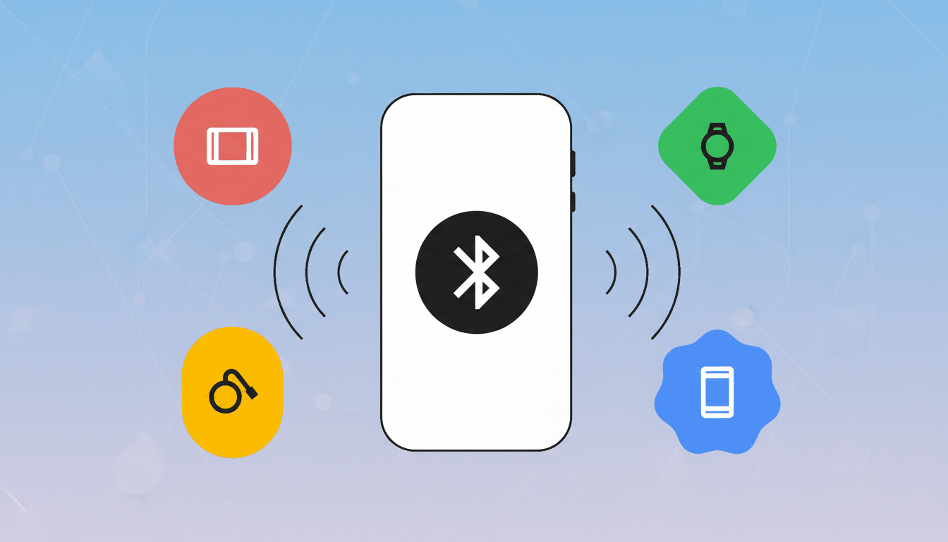 A smartphone with a Bluetooth symbol in the center, surrounded by four colored circles with icons representing different devices: a tablet, a smartwatch, headphones, and another smartphone, all connected via wireless signals.