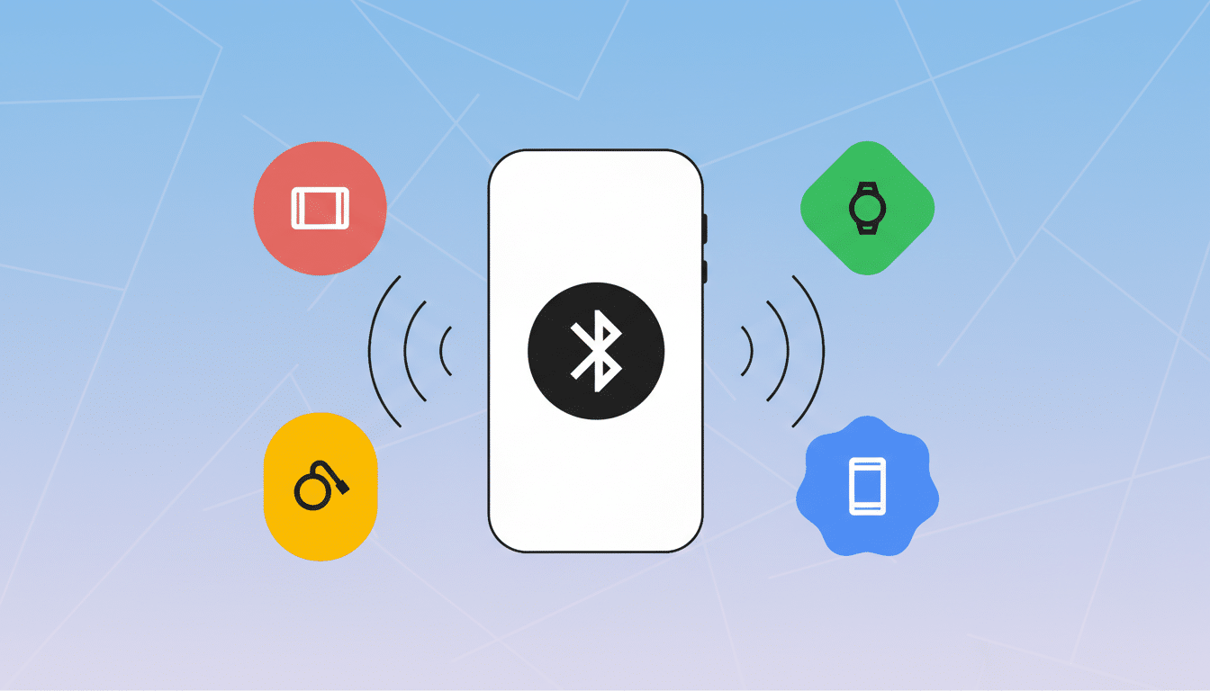 A smartphone with a Bluetooth symbol in the center, surrounded by four colored icons representing different devices (tablet, smartwatch, headphones, and another phone), all connected wirelessly.