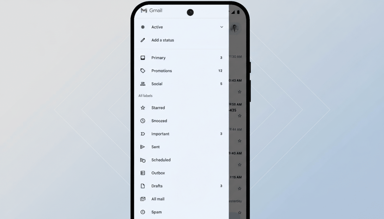 A smartphone displaying the Gmail app interface with the navigation drawer open, showing various inbox categories like Primary, Promotions, Social, Starred, and more, set against a professional flat design background with a subtle geometric pattern.