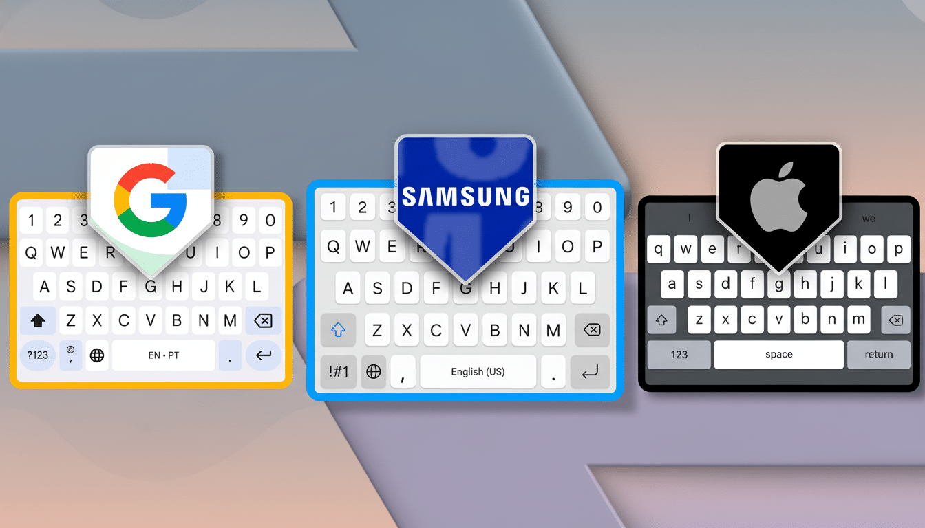 Three smartphone keyboards are displayed side-by-side, each with a distinct logo above it: Google, Samsung, and Apple. The background is a professional flat design with soft patterns and gradients.