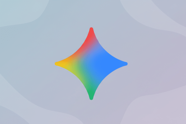 A colorful, four-pointed star icon with a gradient from red to yellow to green to blue, centered on a professional flat design background with soft, light gray wavy patterns.