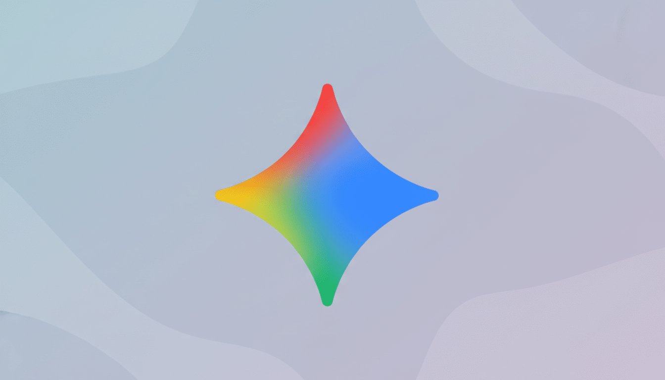 A colorful, four-pointed star icon with a gradient from red to yellow to green to blue, centered on a professional flat design background with soft, light gray wavy patterns.