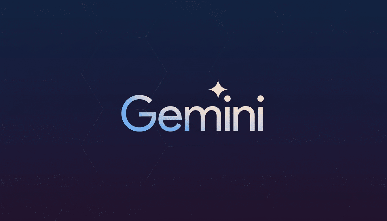 The Gemini logo, featuring the word Gemini in a light blue to white gradient, with a sparkling four-point star replacing the dot over the i. The background is a dark blue with a subtle hexagonal pattern.
