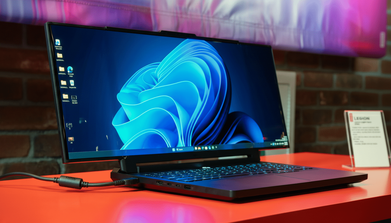 A black laptop with a blue Windows 11 wallpaper displayed on its screen, sitting on a red surface.