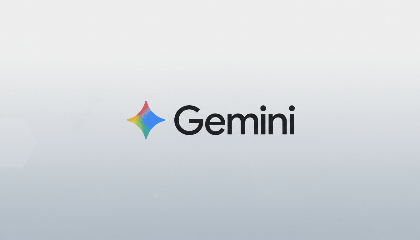 The Gemini logo, featuring a colorful, four-pointed star icon to the left of the word Gemini in black text, set against a professional light gray background with subtle geometric patterns.