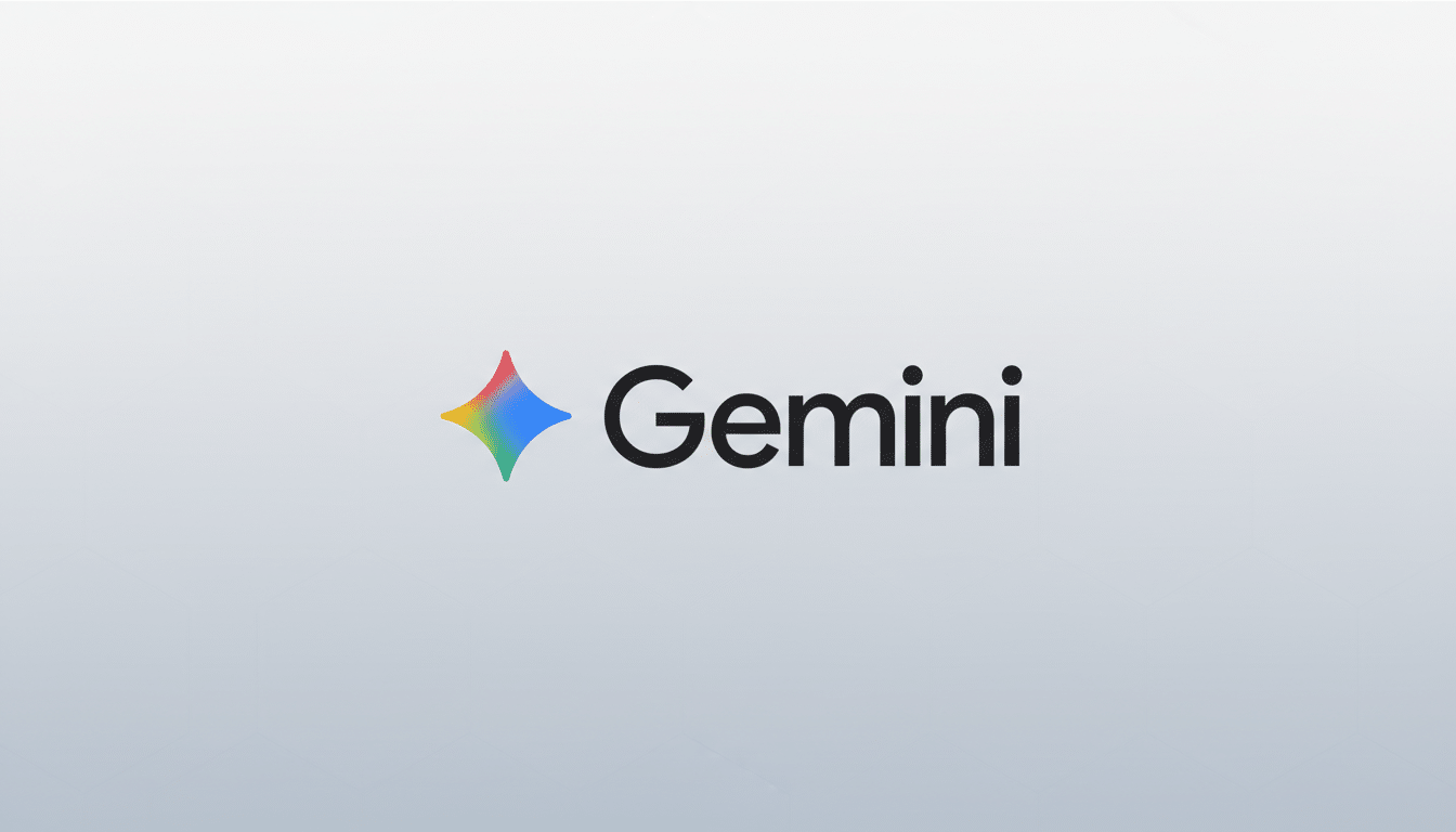 The Gemini logo, featuring a colorful, four-pointed star icon to the left of the word Gemini in black text, set against a professional flat design background with a soft gray gradient.