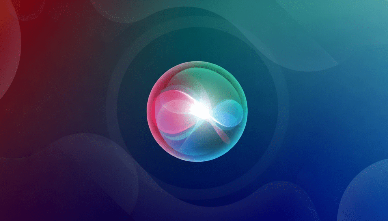 A 16:9 aspect ratio image featuring the Siri icon, a glowing, translucent orb with swirling pink, blue, and green lights, centered against a professionally enhanced background with soft, abstract wave patterns in complementary shades of red, blue, and teal.