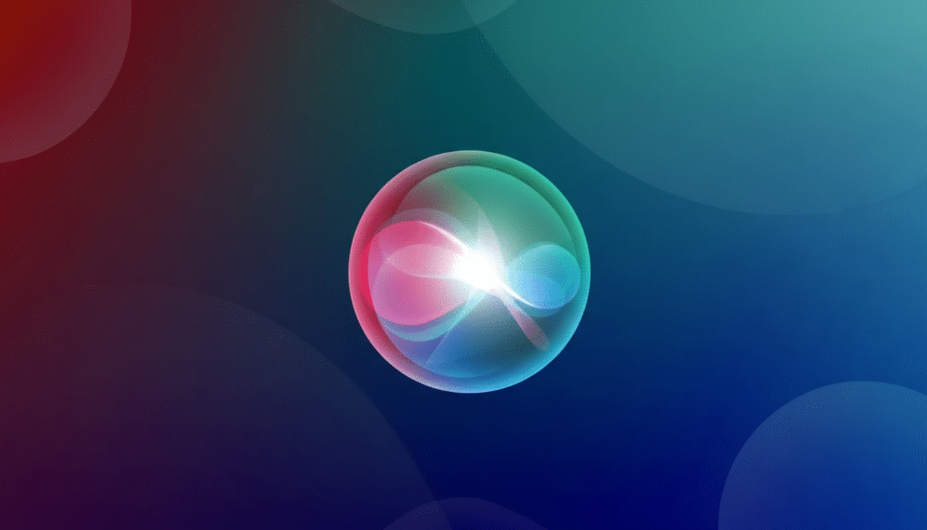 A professionally enhanced image of the Siri icon, resized to a 16:9 aspect ratio. The icon, a translucent sphere with swirling pink, blue, and white light, is centered against a gradient background that transitions from dark red on the left to dark blue on the right, with subtle, soft circular patterns.