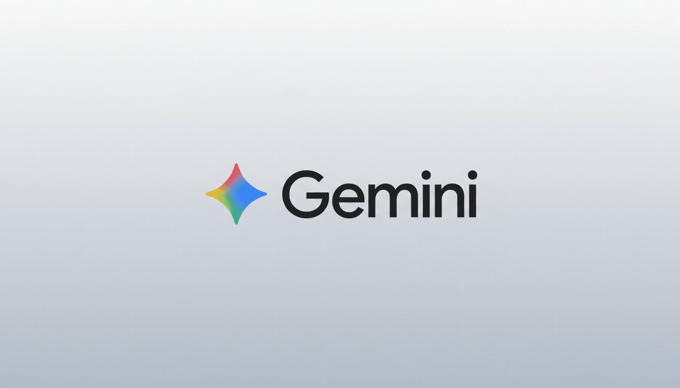 The Gemini logo, featuring a colorful, four-pointed star icon to the left of the word Gemini in black text, presented on a professional light gray background with subtle geometric patterns.