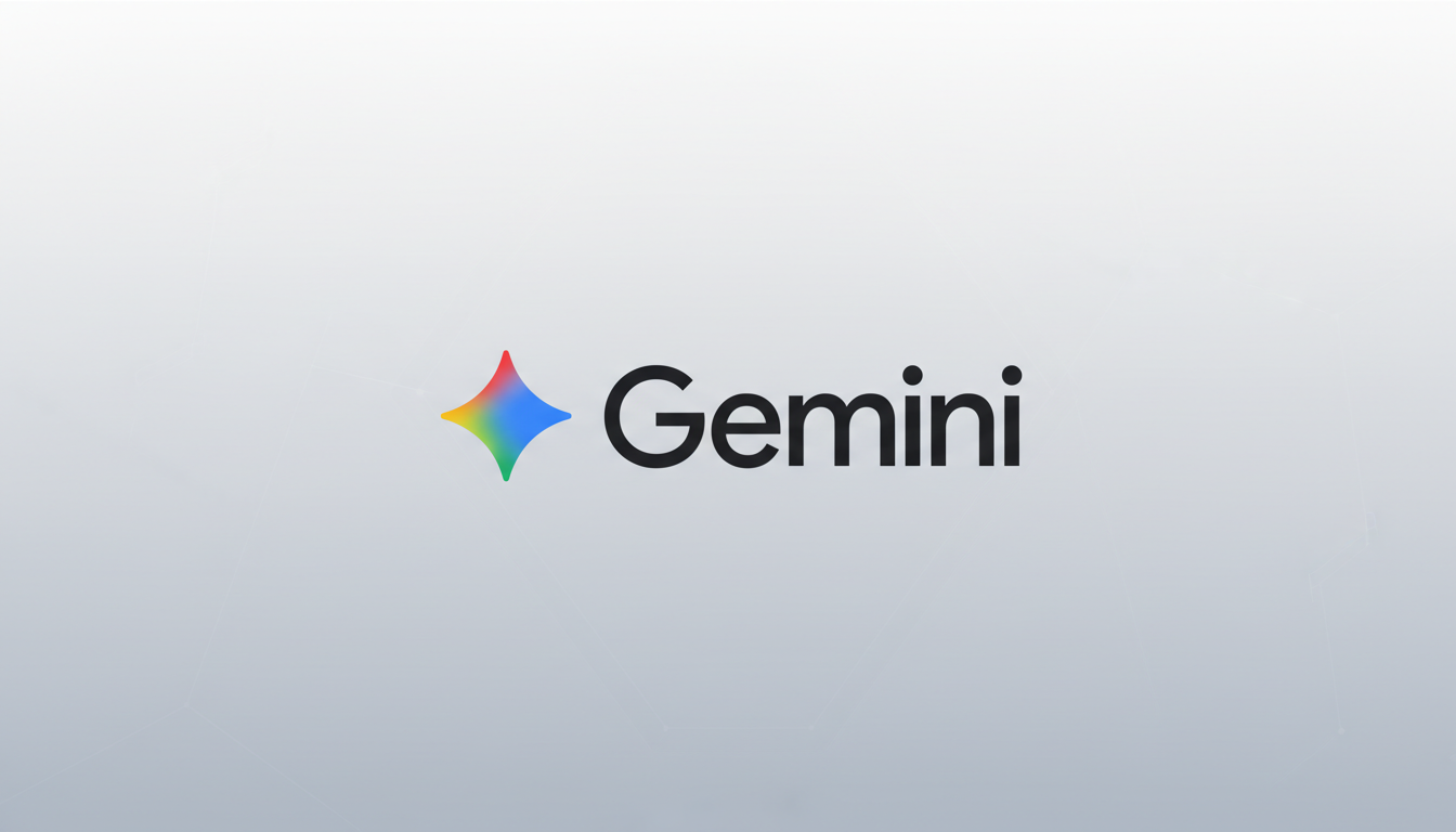 The Gemini logo, featuring a colorful, four-pointed star icon to the left of the word Gemini in black text, presented on a professional light gray background with subtle geometric patterns.