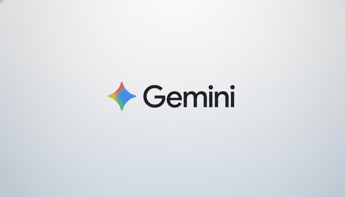 The Gemini logo, featuring a colorful, four-pointed star icon to the left of the word Gemini in black text, set against a professional light gray background with a subtle gradient.