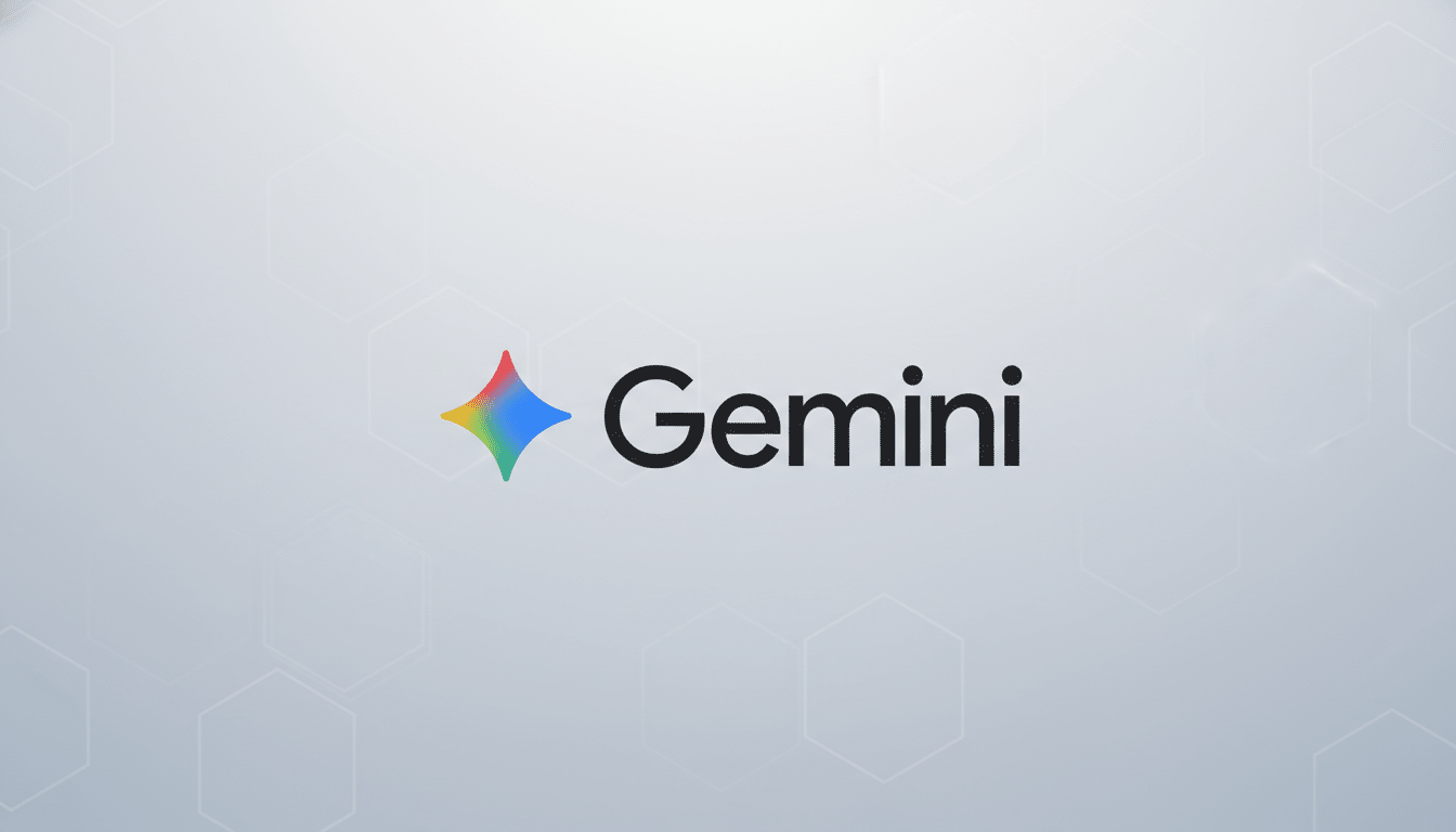 The Gemini logo, featuring a colorful, four-pointed star icon to the left of the word Gemini in black text, set against a professional light gray background with subtle hexagonal patterns.