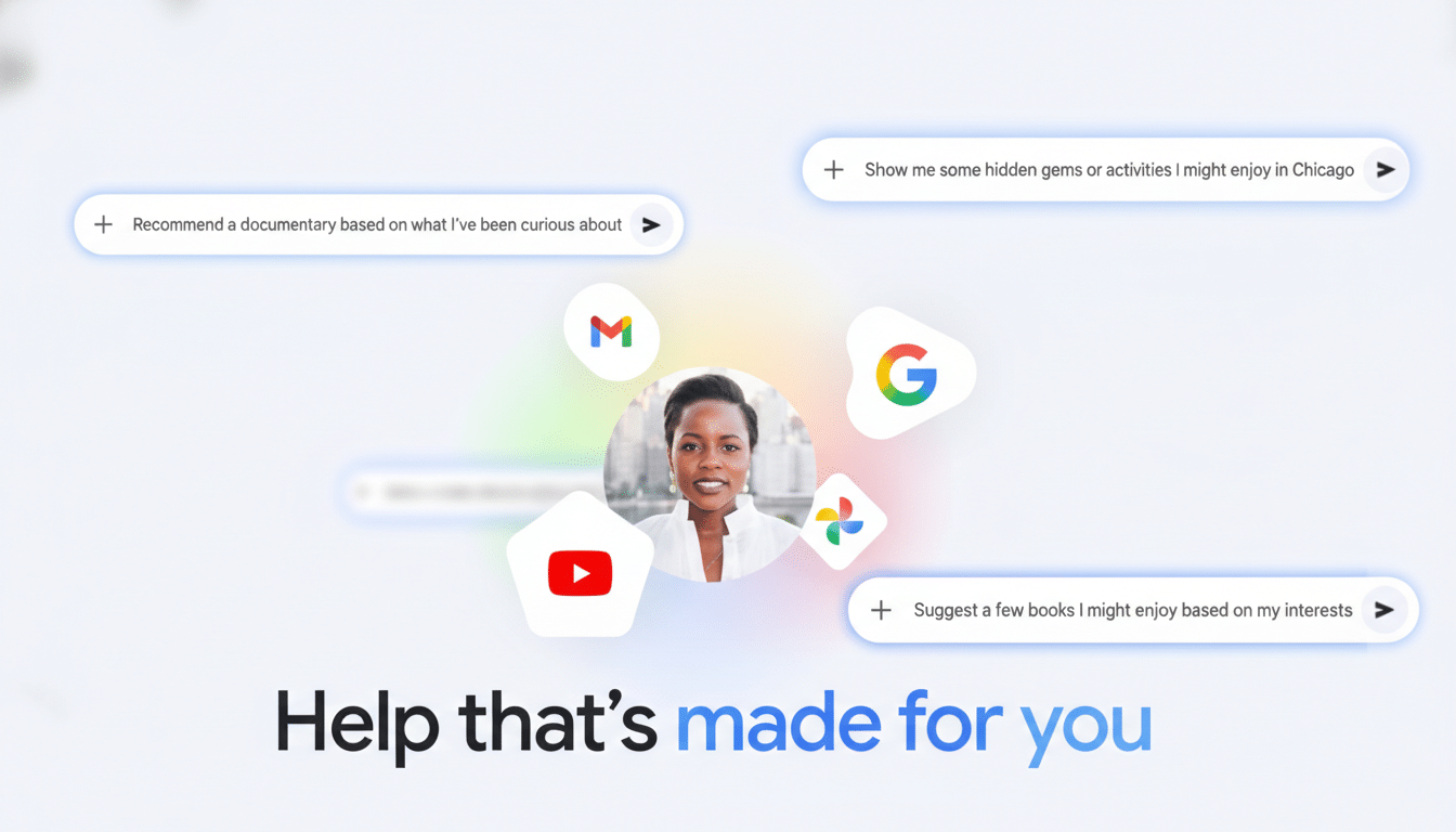A womans face is centered on a white background, surrounded by various Google app icons and search bar suggestions. The text Help thats made for you is at the bottom.