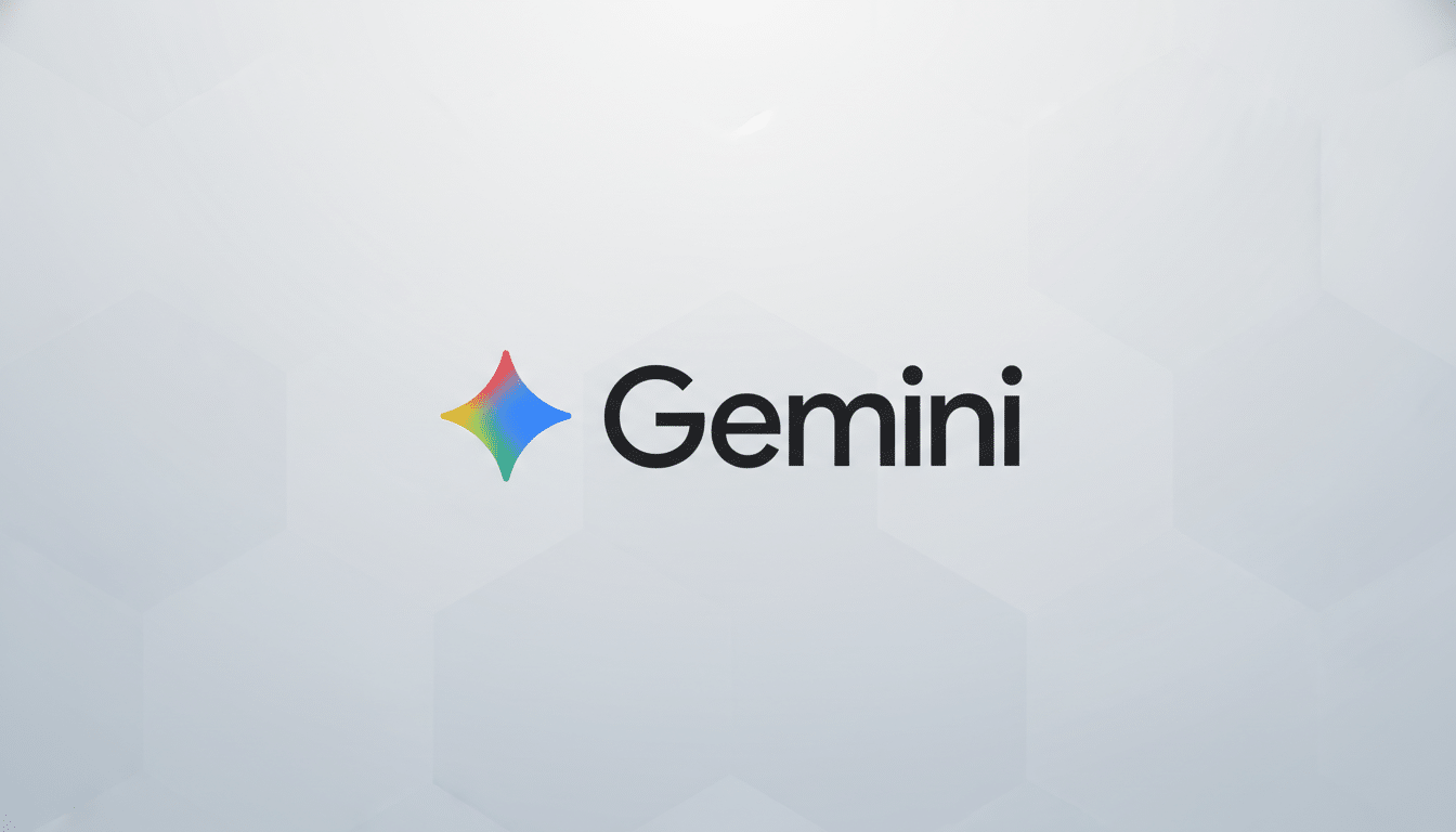 The Gemini logo, featuring a colorful, four-pointed star icon next to the word Gemini in black text, presented on a professional light gray background with subtle hexagonal patterns.