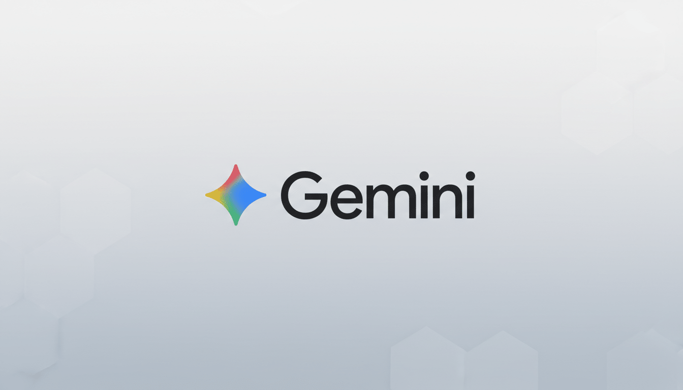 The Gemini logo, featuring a colorful, four-pointed star icon to the left of the word Gemini in black text, set against a professional light gray background with subtle hexagonal patterns.