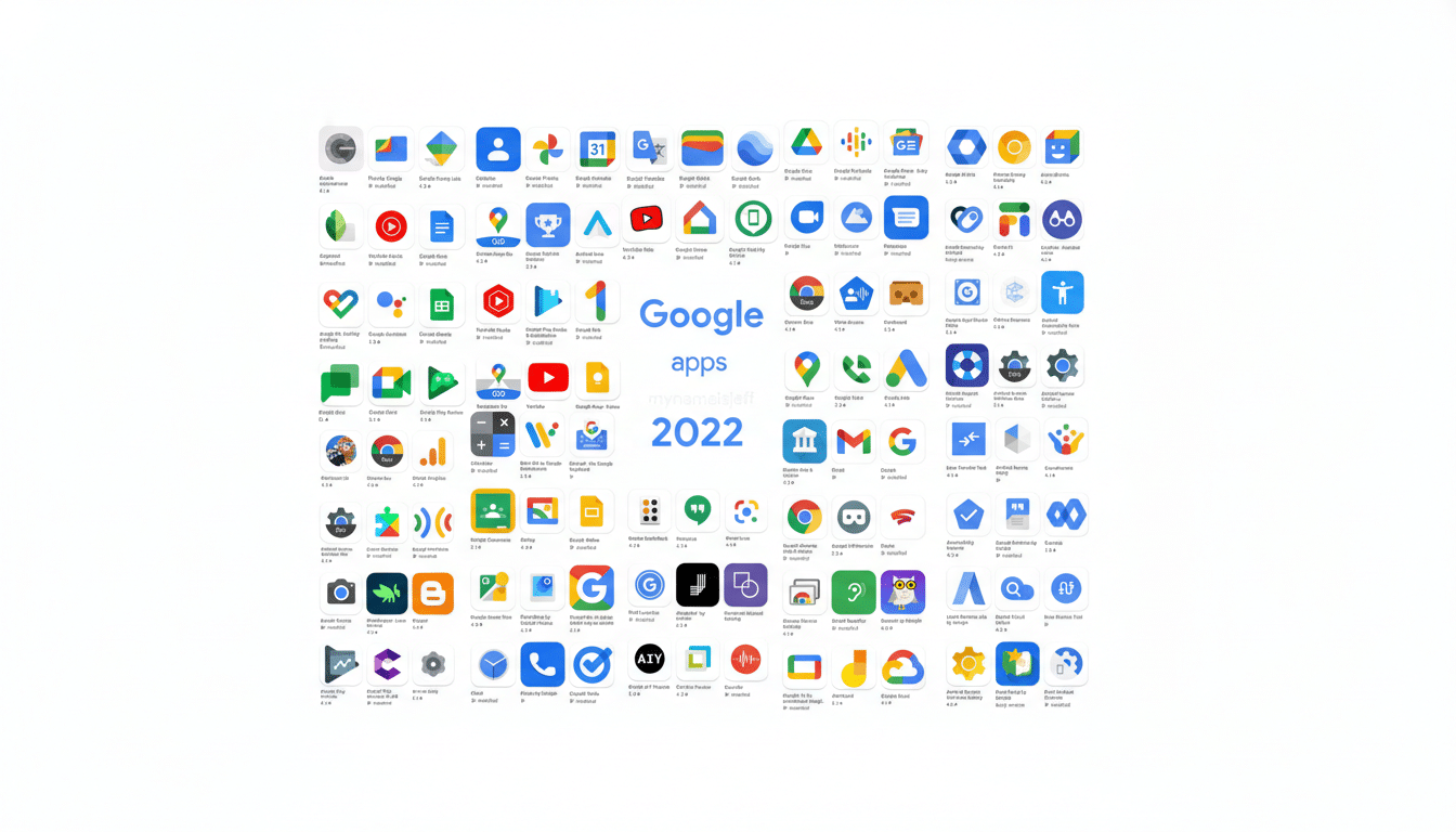A professionally enhanced image of various Google app icons from 2022, presented on a clean, light gray background with a subtle gradient. The icons are arranged in a grid, with the Google apps 2022 logo prominently displayed in the center.