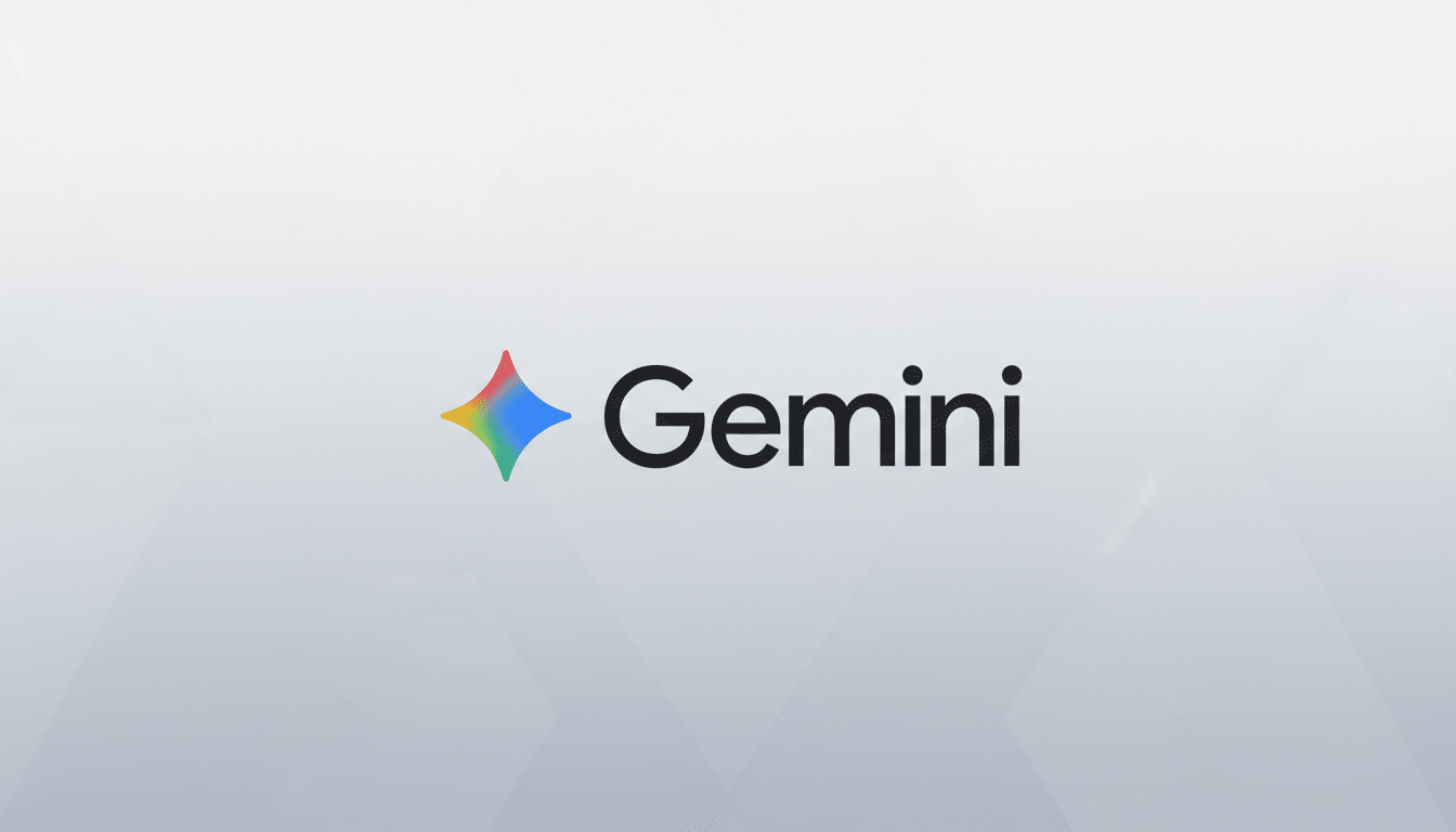 The Gemini logo, featuring a colorful, four-pointed star icon to the left of the word Gemini in black text, presented on a professional light gray background with a subtle gradient.