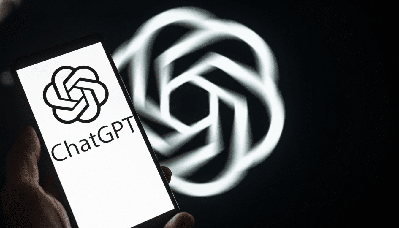 A smartphone displaying the ChatGPT logo and name, held in a hand, with a blurred background of the OpenAI logo.